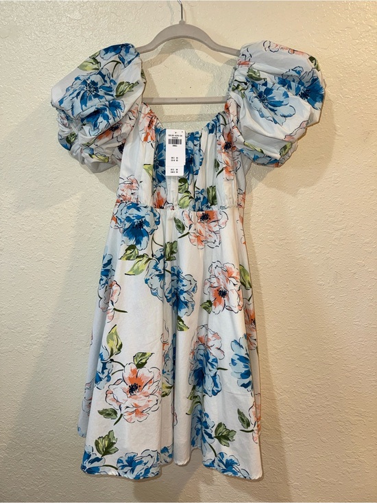Abercrombie & Fitch Dresses & Skirts - Abercrombie & Fitch White Floral Puff-Sleeve Dress with Blue & Peach Blooms